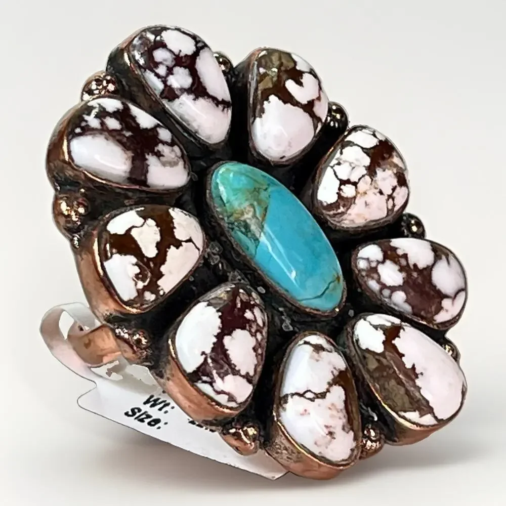 Southwestern Mojave Turquoise Wild Horse Copper Cluster Statement Ring Adjust Sz
